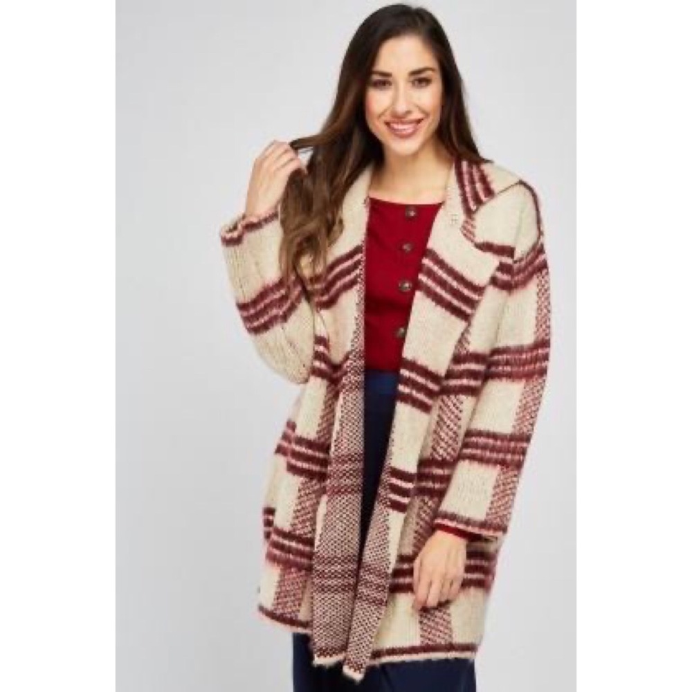 Lapel Front Checkered Knit Cardigan